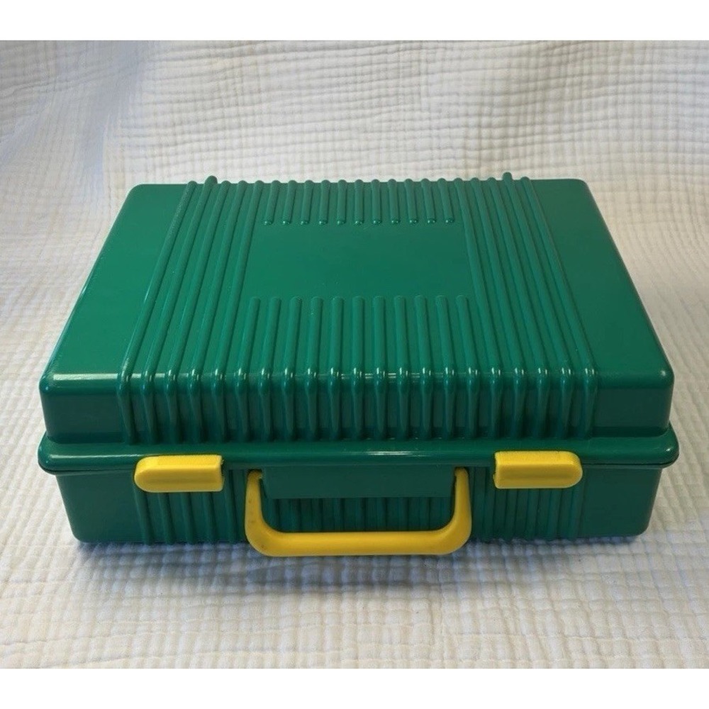 Vintage Green Plastic Toy Carrying Case Storage Box Yellow Handle Made in Canada